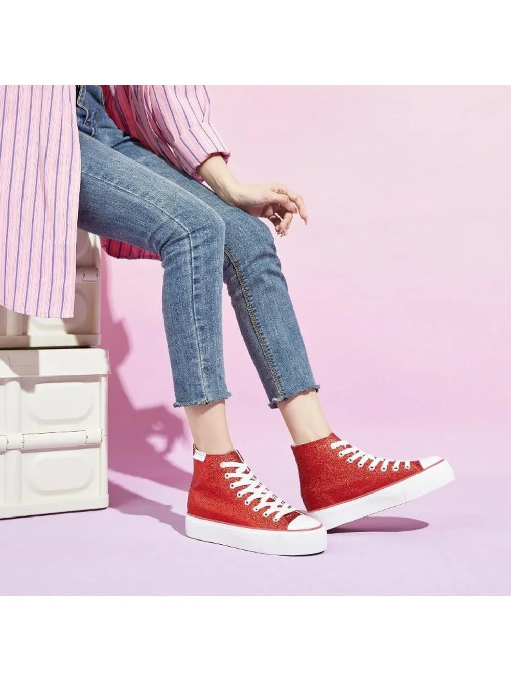 Women's Red Sparkly Bling Mid Calf Glitter Platform Fashion Sneakers - Picture 3 of 6